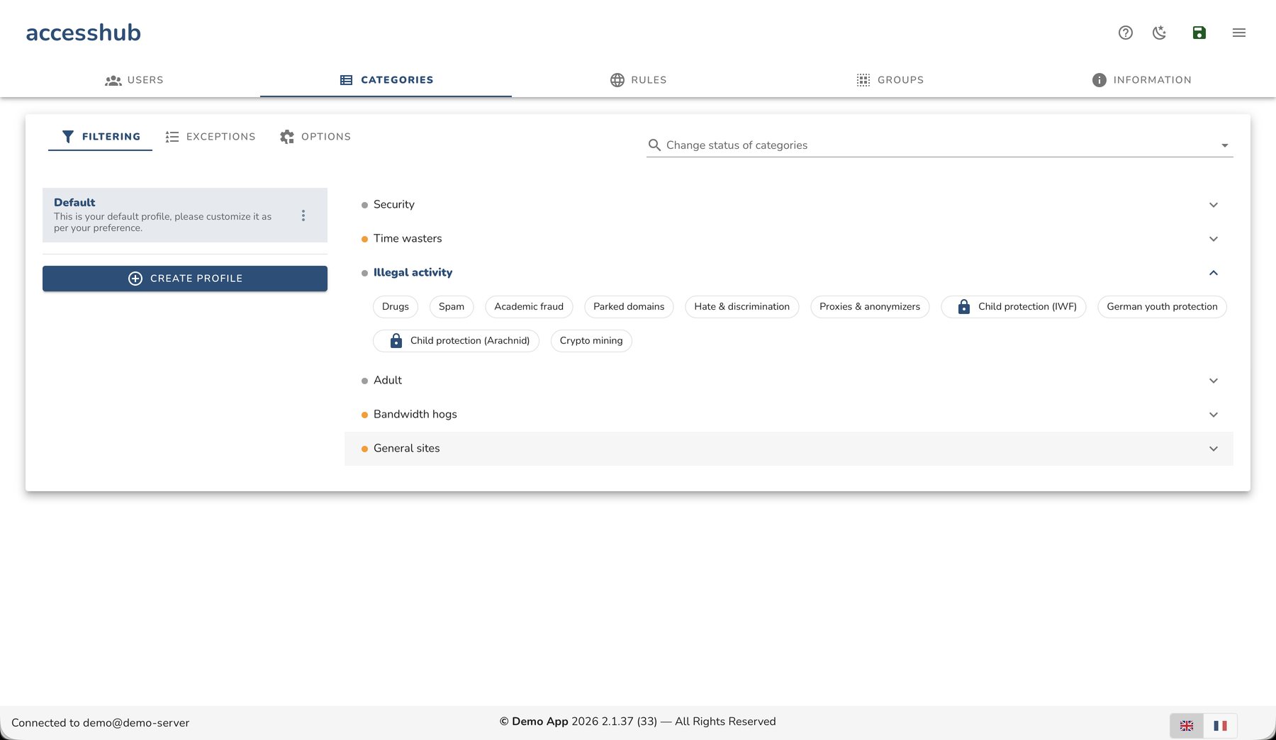 Content-filtering categories such as security, adult and illegal, toggled per profile