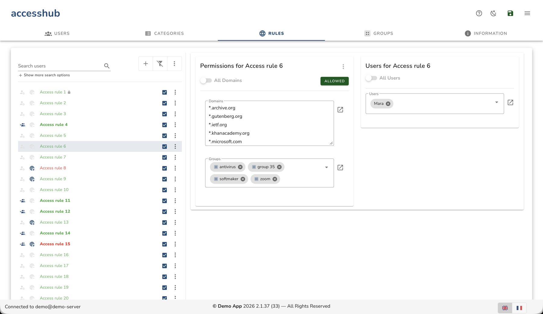 A single access rule composing allowed domains, reusable groups and the user it applies to