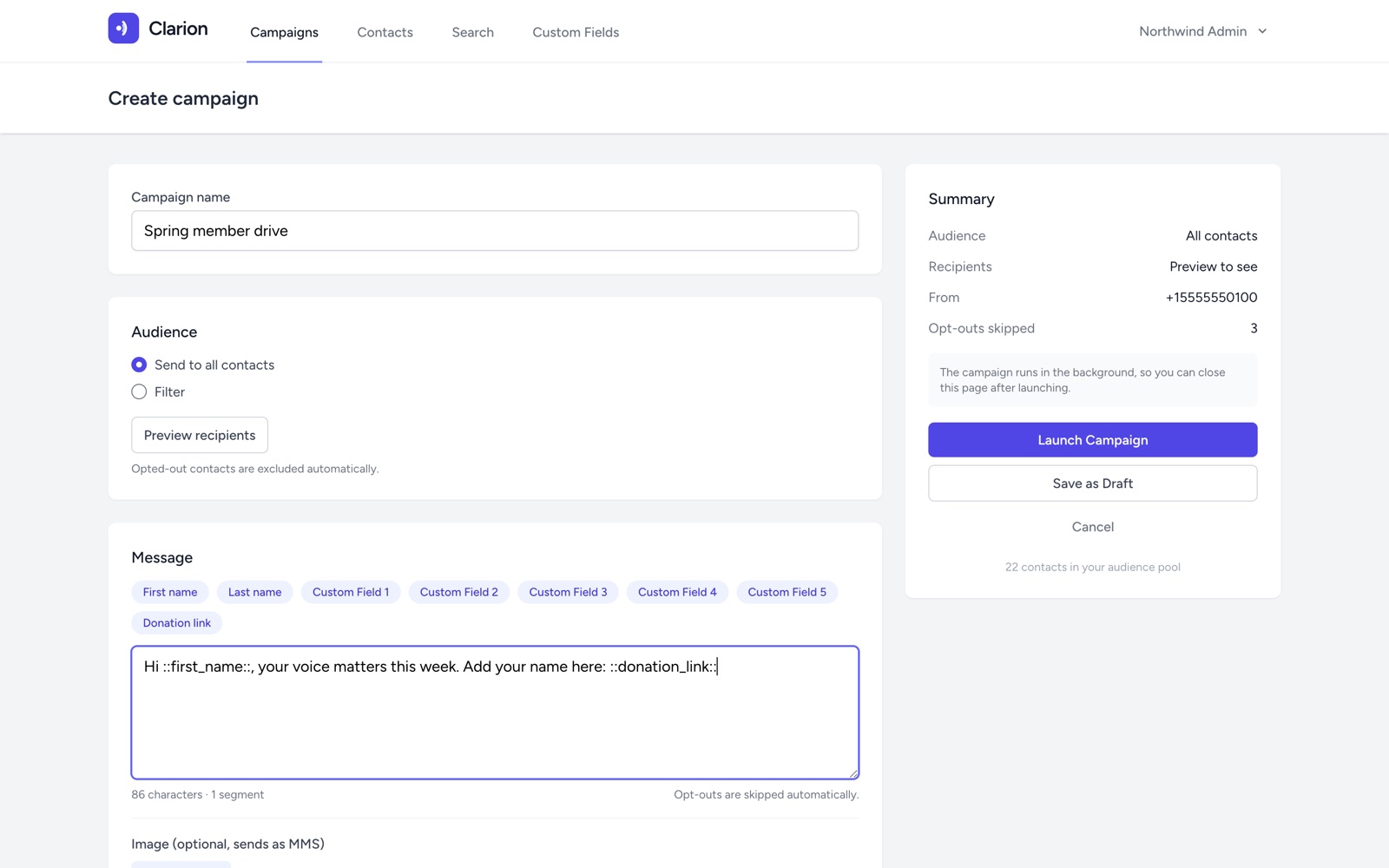 Composing a campaign with merge-field chips, a live segment count and an audience summary