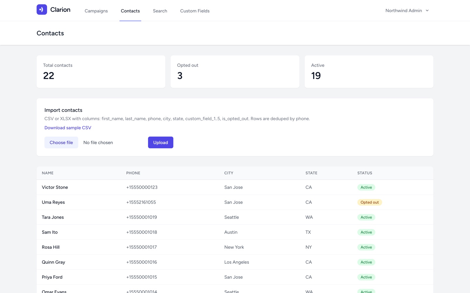 The contacts screen: total, opted-out and active counts, CSV import, and a list of supporters
