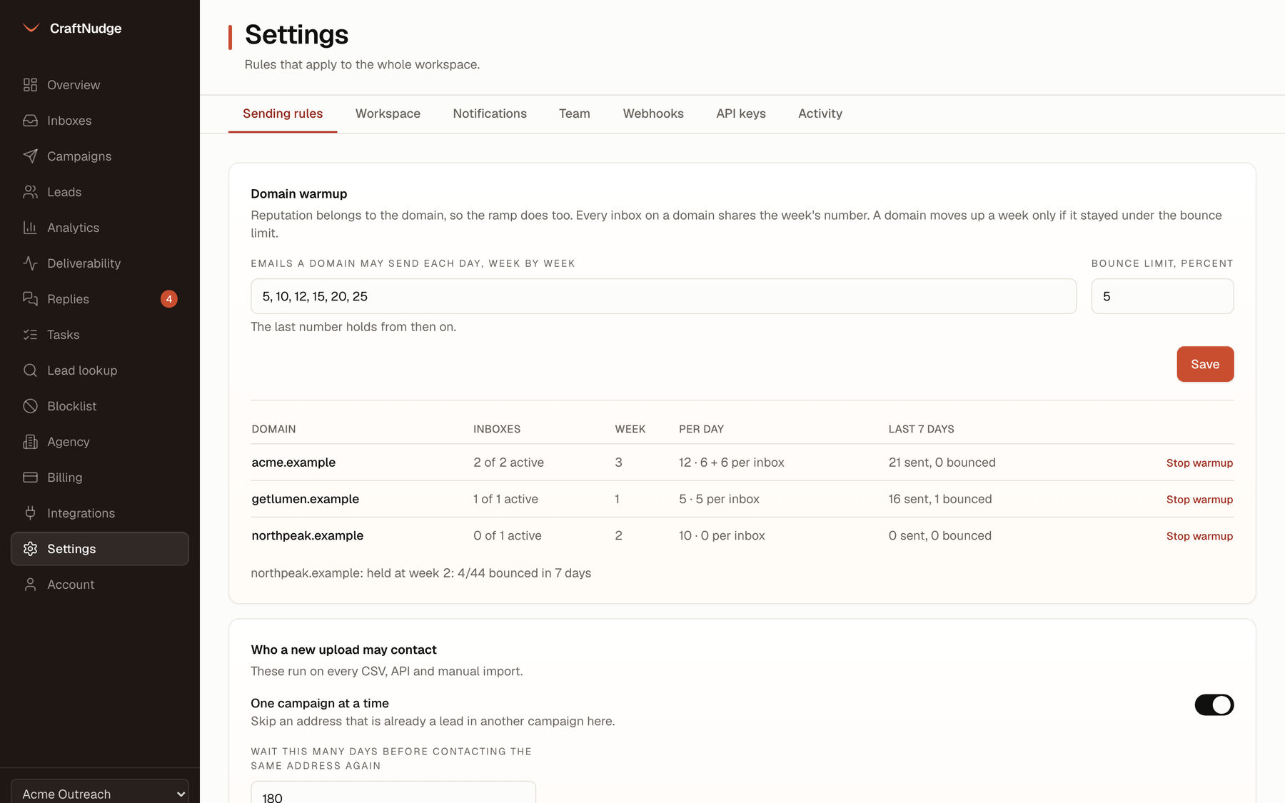 Workspace sending rules: the per-domain warmup ramp, the bounce limit, and who a new upload may contact