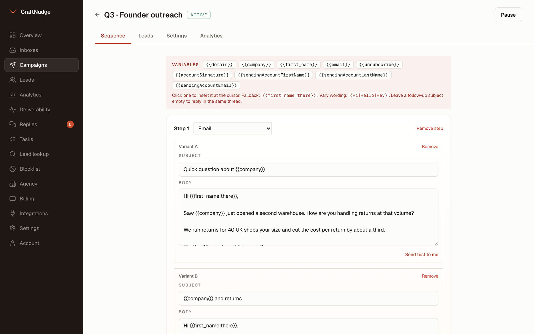 The CraftNudge sequence editor, with variables and A/B variants
