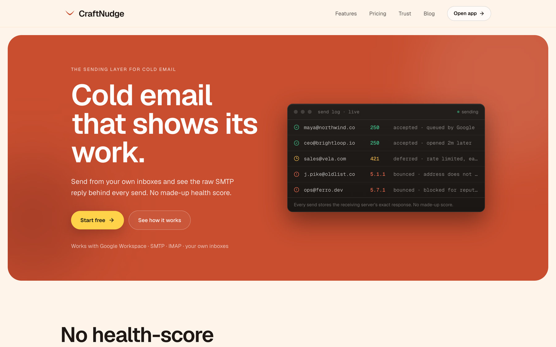 The CraftNudge home page: cold email that shows its work, with a live send log of SMTP responses