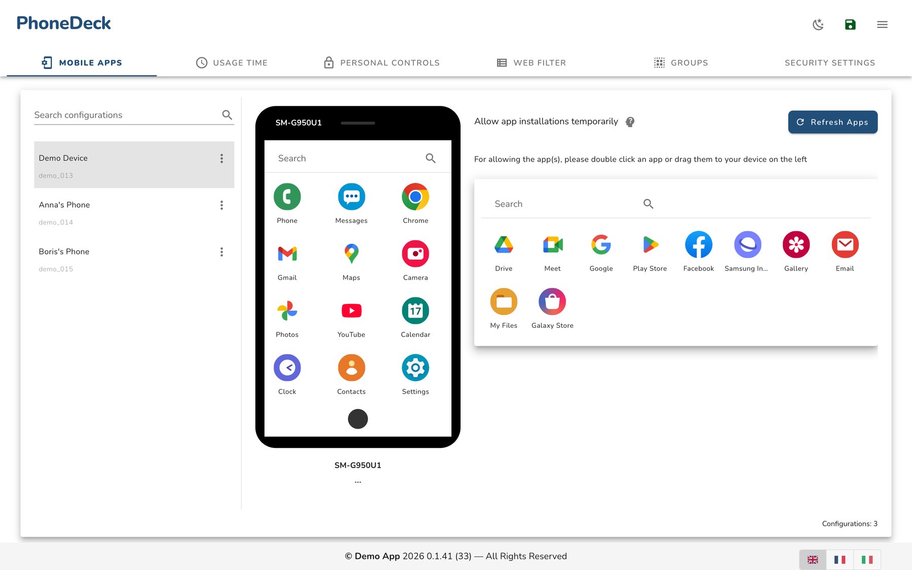 A phone mockup with a home-screen grid of apps, next to an app store to drag apps from