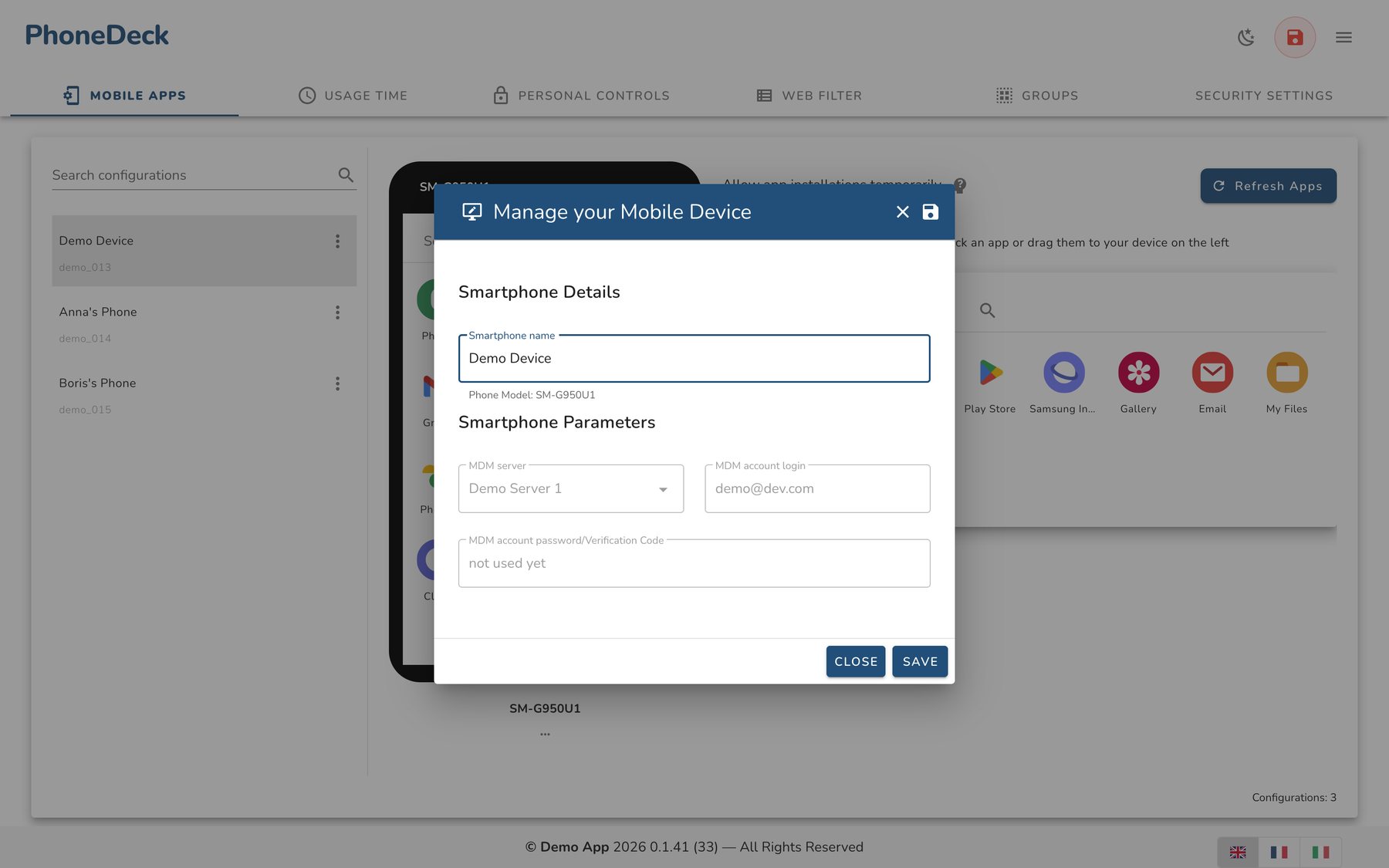 A device-management dialog with a save-and-cancel commit flow