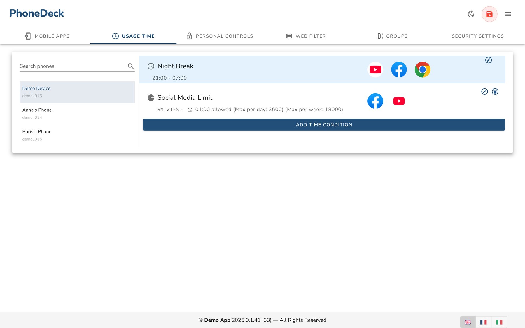 Per-app usage-time rules: a nightly break and a daily social-media cap